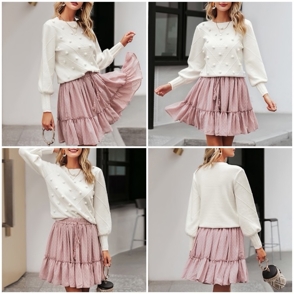 White Pom Pom Bishop Sleeve Pullover Sweater - Picture 3 of 8